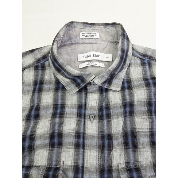 Calvin Klein Body Fit Sz Small Men Gray Blue Black Check Elbow Button Logo Shirt - Picture 1 of 11